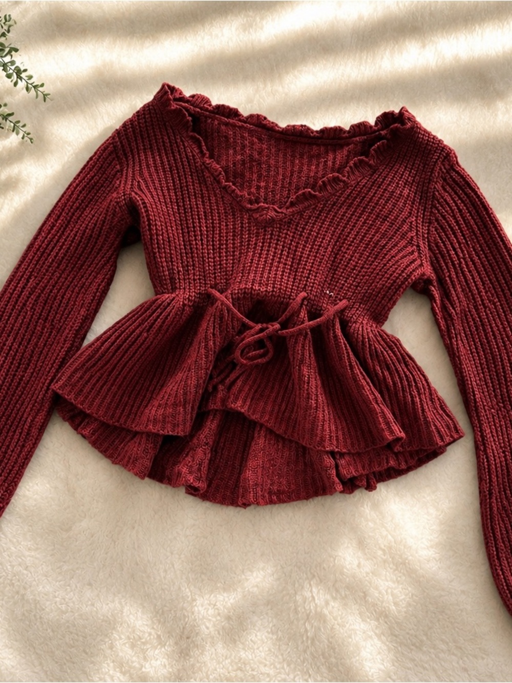 Amazon Burgundy V-Neck Ruffle Peplum Knit Sweater